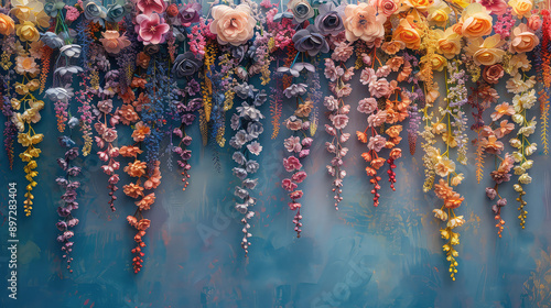 Elegant colorful with vibrant flower hanging branches illustration background. Bright color 3d abstraction wallpaper for interior mural, Generated by AI	