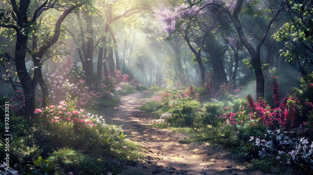 A winding path through a vibrant forest with blooming flowers and sunlight filtering through trees. A winding path through a vibrant forest with blooming flowers and sunlight filtering through trees.