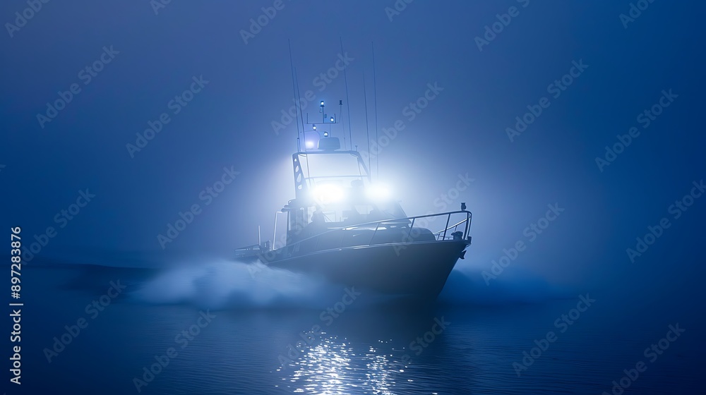 Obraz premium Boat Cutting Through Fog at Night