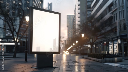 A mockup of a empty digital billboard in an urban setting, displaying a high-tech product advertisement