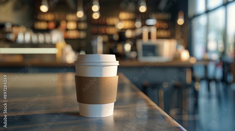 A mockup of a modern coffee cup with empty space for text or logo, set against a cafe background A mockup of a modern coffee cup with empty space for text or logo, set against a cafe background