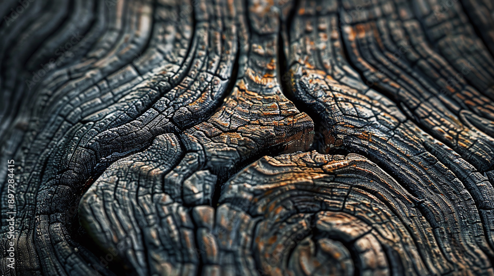 A close-up of a charred, weathered wooden surface showcasing intricate cracks and detailed textures. The image highlights the natural patterns and organic lines formed through the process of decay A close-up of a charred, weathered wooden surface showcasing intricate cracks and detailed textures. The image highlights the natural patterns and organic lines formed through the process of decay