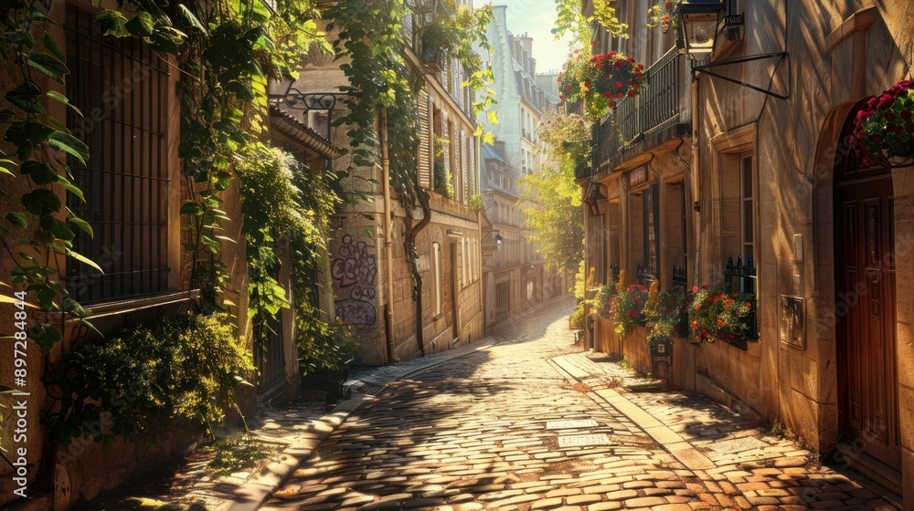 Sunlit Cobblestone Street in a Quaint European Village Sunlit Cobblestone Street in a Quaint European Village