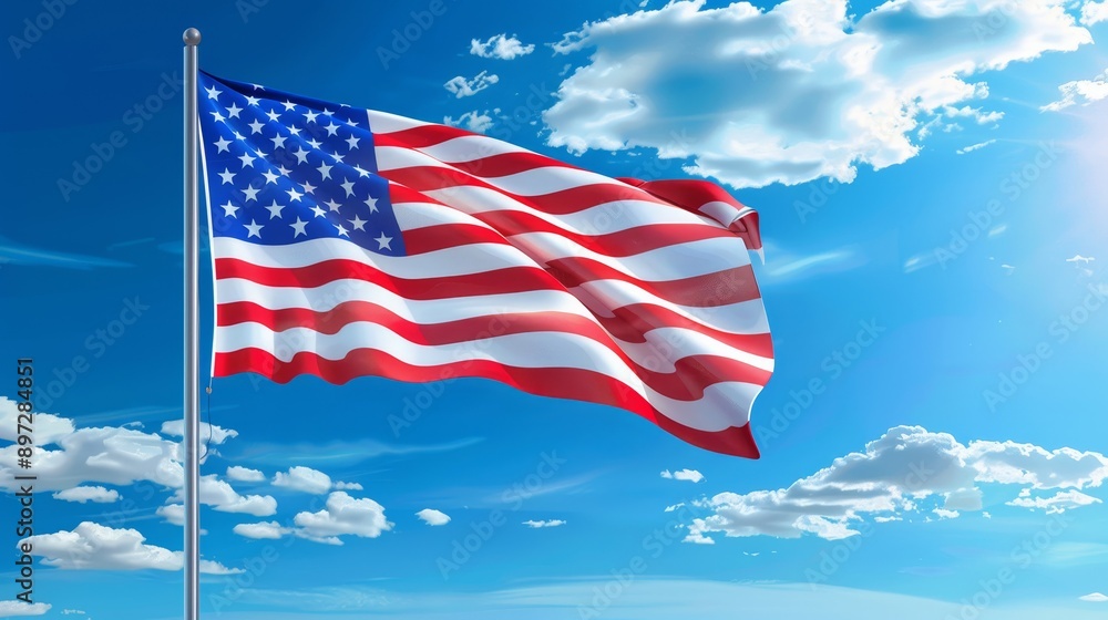 Fototapeta premium Patriotic Glory, American Flag Waving in Clear Blue Summer Sky.