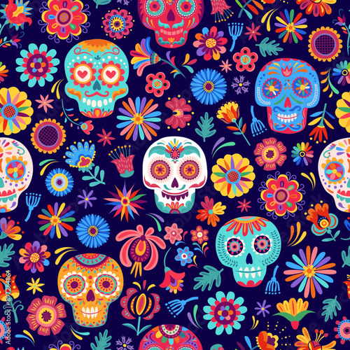 Catrin Mexican seamless pattern with calavera sugar skulls and tropical flowers. Day of the Dead holiday vector print or wrapping paper background, Dia de Los Muertos textile with ornate skulls