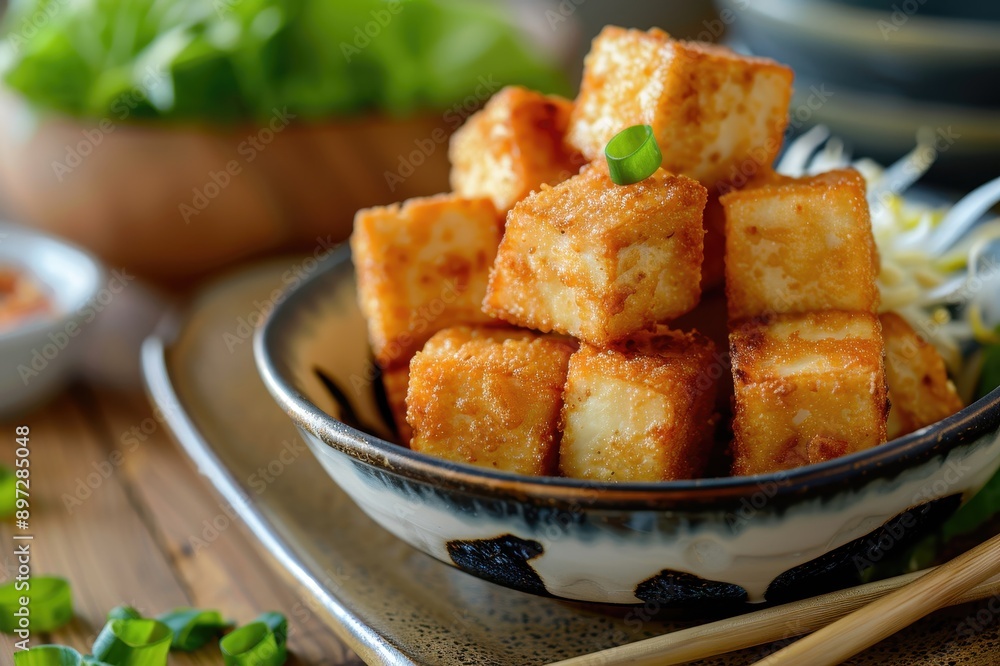 Crispy Fried Tofu Cubes in a Bowl with Green Onion Garnish Crispy Fried Tofu Cubes in a Bowl with Green Onion Garnish