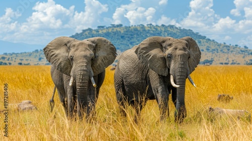 Two African Elephants Walking Through Tall Grass in the Serengeti