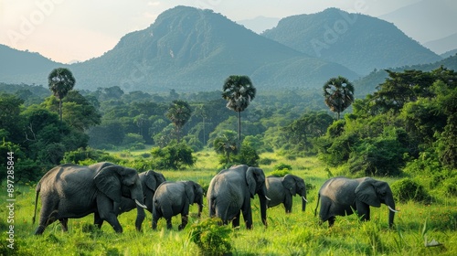 Herd of Elephants Walking Through Green Forest Landscape in Sri Lanka photo