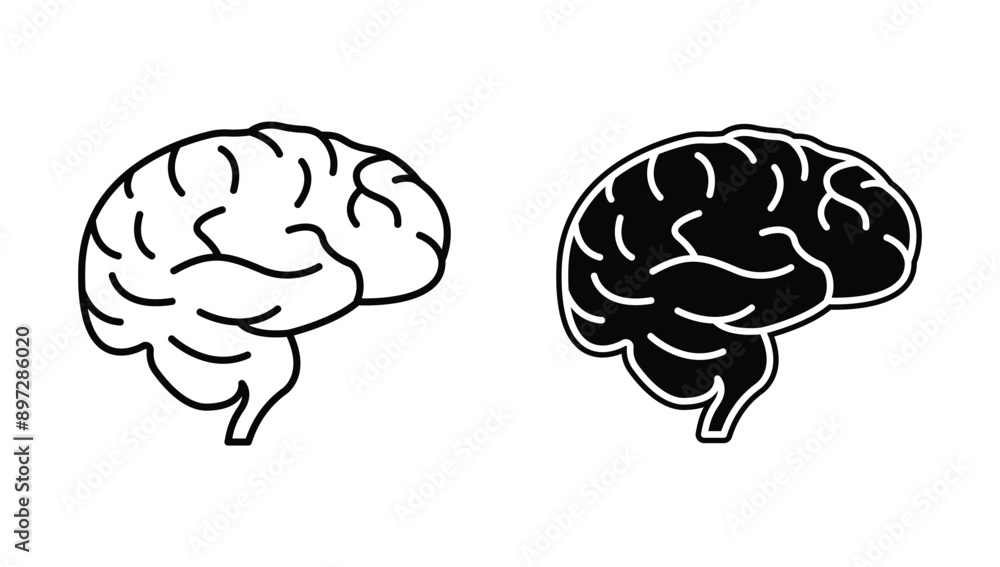 Human brain icon set solid and outline style isolated on white background. Human brain icon set solid and outline style isolated on white background.
