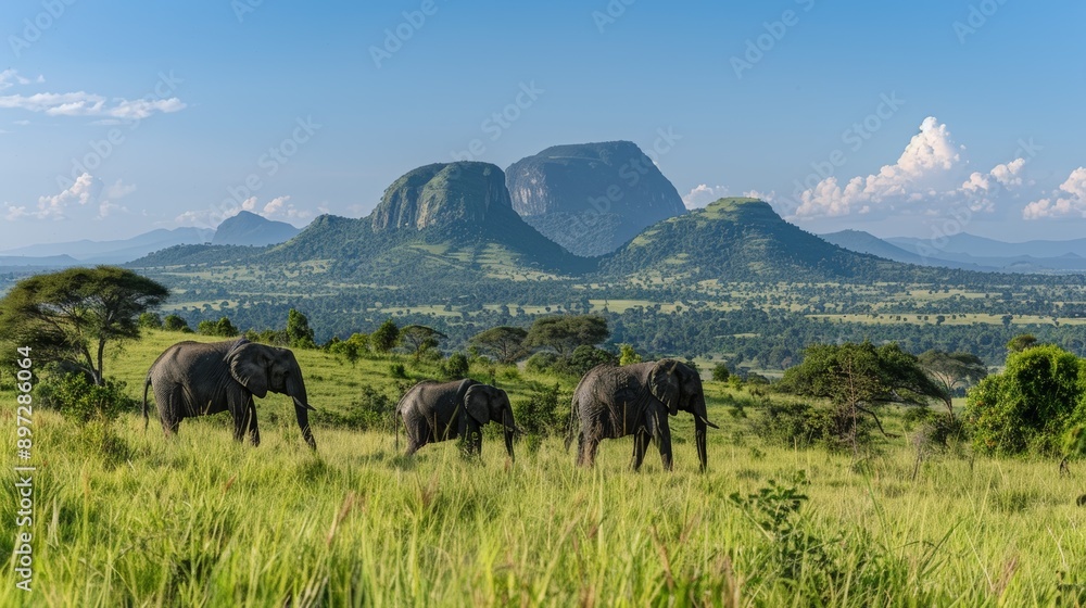 Fototapeta premium African Elephant Family Walking Through Grassland With Mountain View in the Distance