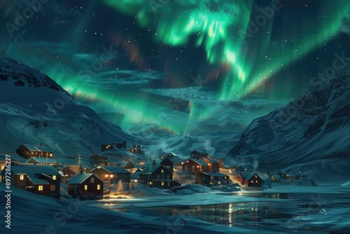 Fototapeta Naklejka Na Ścianę i Meble -  A quiet small town scene at midnight with dimly lit buildings and streets