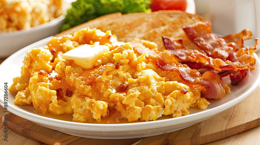 A plate of fried eggs, crispy bacon, and toasted bread with a pat of butter A plate of fried eggs, crispy bacon, and toasted bread with a pat of butter