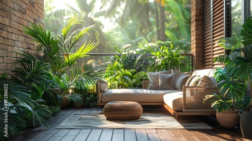 Serene Morning on a Tropical Balcony. Generative AI