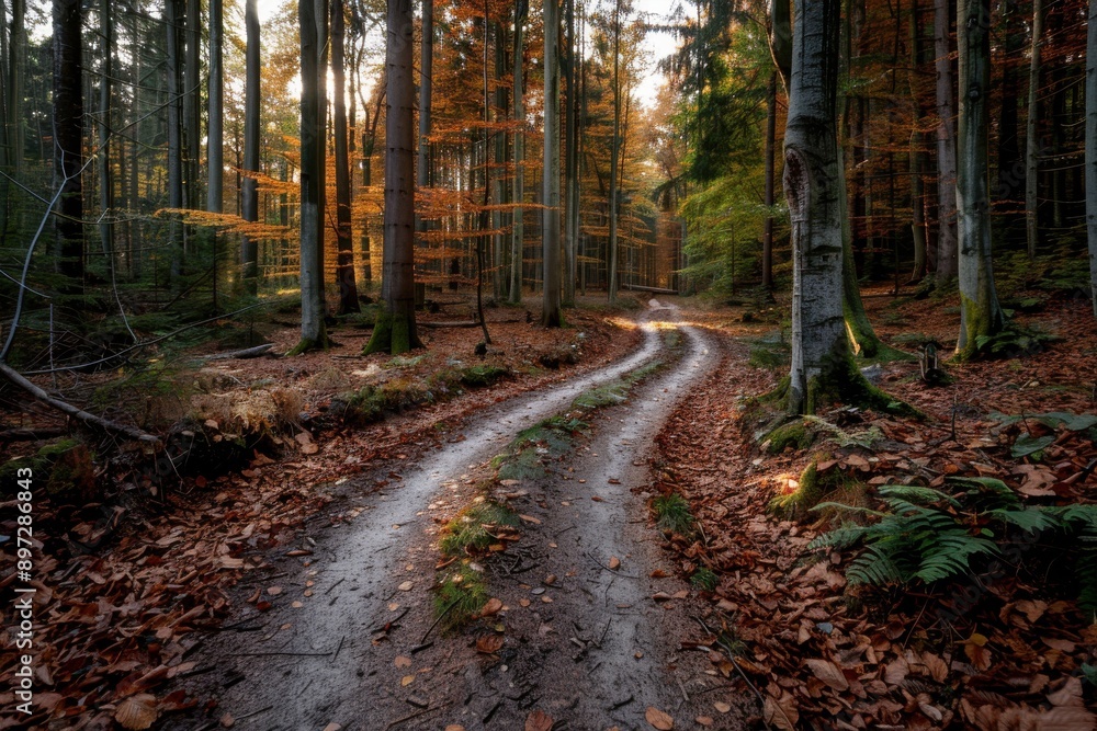 A serene path winds through a vibrant autumn forest, with colorful leaves covering the ground and sunlight filtering through the trees, creating a tranquil atmosphere. A serene path winds through a vibrant autumn forest, with colorful leaves covering the ground and sunlight filtering through the trees, creating a tranquil atmosphere.