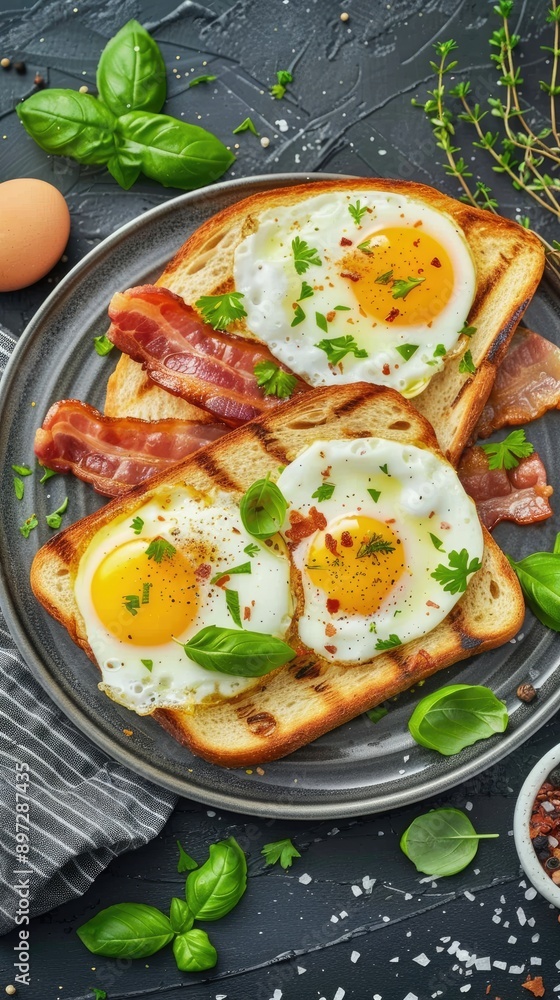 A plate of fried eggs, crispy bacon, and toasted bread with a pat of butter A plate of fried eggs, crispy bacon, and toasted bread with a pat of butter