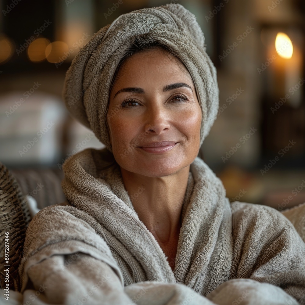 Beautiful Mature Hispanic Woman Smiling in Spa Bathrobe and Towel, Enjoying a Relaxing Moment Beautiful Mature Hispanic Woman Smiling in Spa Bathrobe and Towel, Enjoying a Relaxing Moment