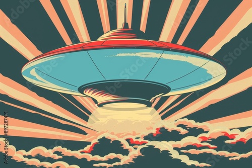 Large UFO beaming light onto clouds in retro style