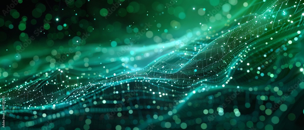 Abstract green particles background forming a flowing digital wave with a shallow depth of field Abstract green particles background forming a flowing digital wave with a shallow depth of field
