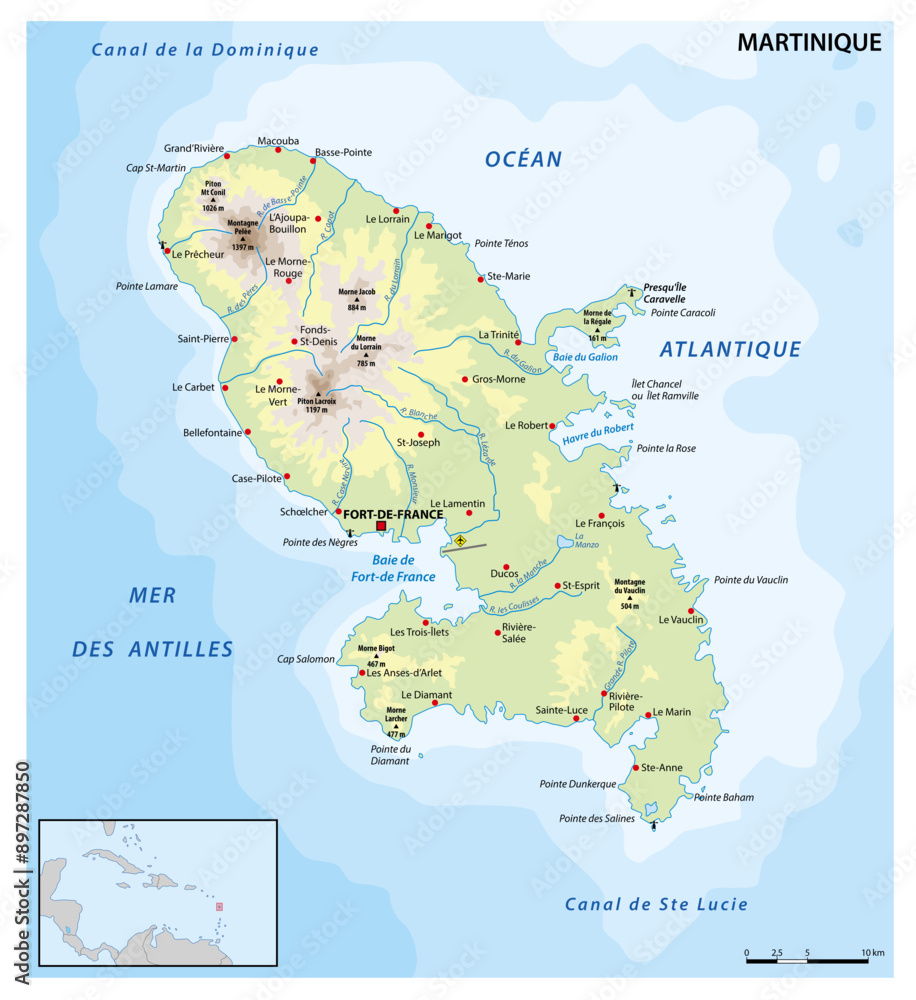 Obraz premium Map of the French Caribbean island of Martinique