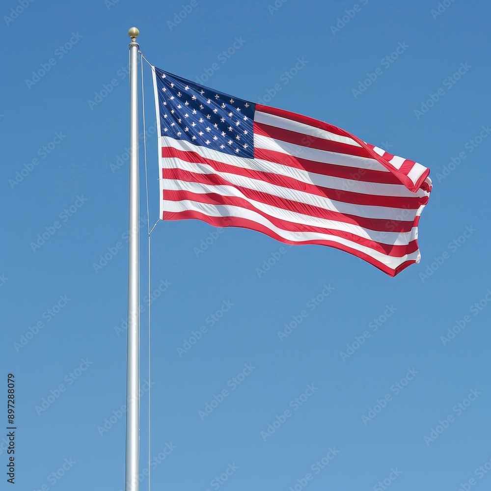 Patriotic American Flag Waving Proudly in Clear Blue Sky. Patriotic American Flag Waving Proudly in Clear Blue Sky.