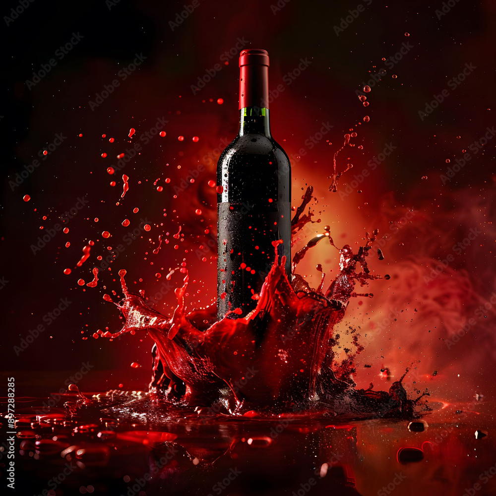 Fototapeta premium Bottle of premium wine emerging from a splash of red liquid