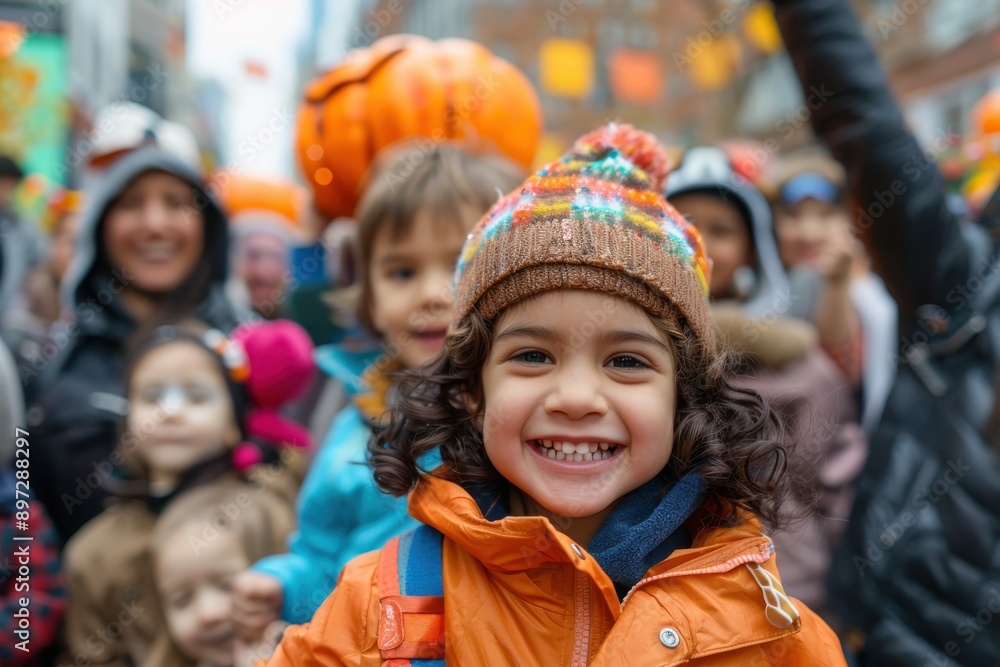 A cheerful child in an orange jacket and colorful hat smiles broadly amidst a bustling crowd at a vibrant street festival, enjoying the lively and festive atmosphere. A cheerful child in an orange jacket and colorful hat smiles broadly amidst a bustling crowd at a vibrant street festival, enjoying the lively and festive atmosphere.