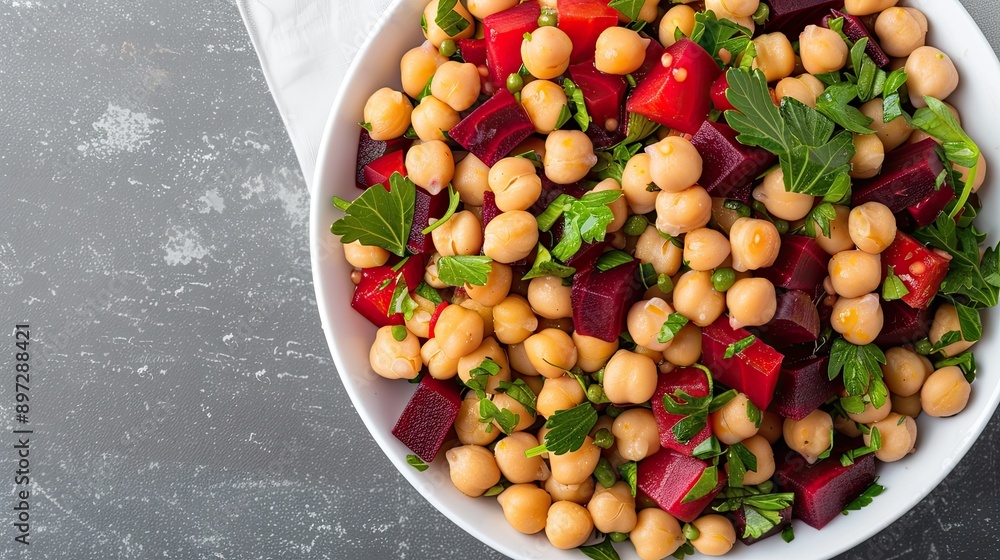 A white bowl filled with chickpeas and sliced beets rests on a grey surface. A few chickpeas have spilled from the bowl A white bowl filled with chickpeas and sliced beets rests on a grey surface. A few chickpeas have spilled from the bowl