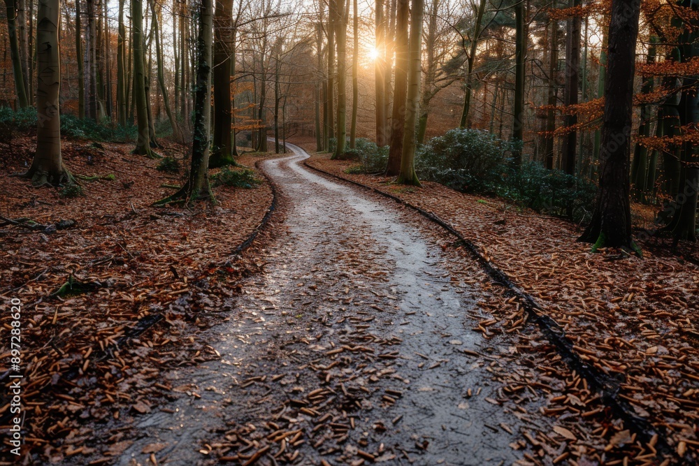 Naklejka premium A winding forest path carpeted with fallen autumn leaves, bathed in golden sunlight, creates a serene and picturesque woodland scene full of natural beauty and calm.