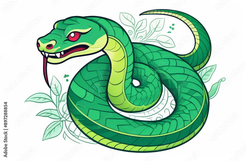 Green snake cartoon illustration. Happy Chinese New Year 2025, snake on the background of Christmas presents, zodiac sign according to the Chinese horoscope