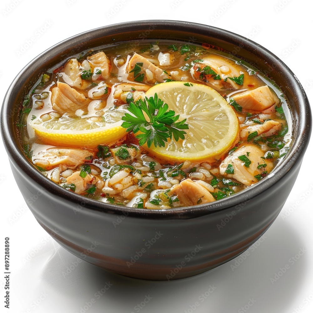 Delicious Greek Chicken Soup with Rice, Lemon, and Parsley, Presented on White Background