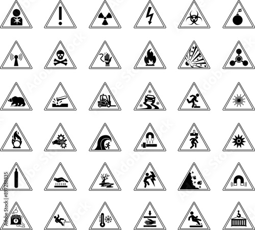 Warning Danger Signs. Vector Icons Biological Hazard, High Voltage, Carcinogen, Chemical Weapon, Compressed Gas, Slippery Road, Suspended Load, Crushing Risk, Magnetic Field, and Other