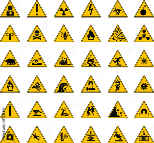 Yellow Danger Warning Signs. Vector Icons Biological Hazard, High Voltage, Carcinogen, Chemical Weapon, Compressed Gas, Slippery Road, Suspended Load, Crushing Risk, Magnetic Field, and Other