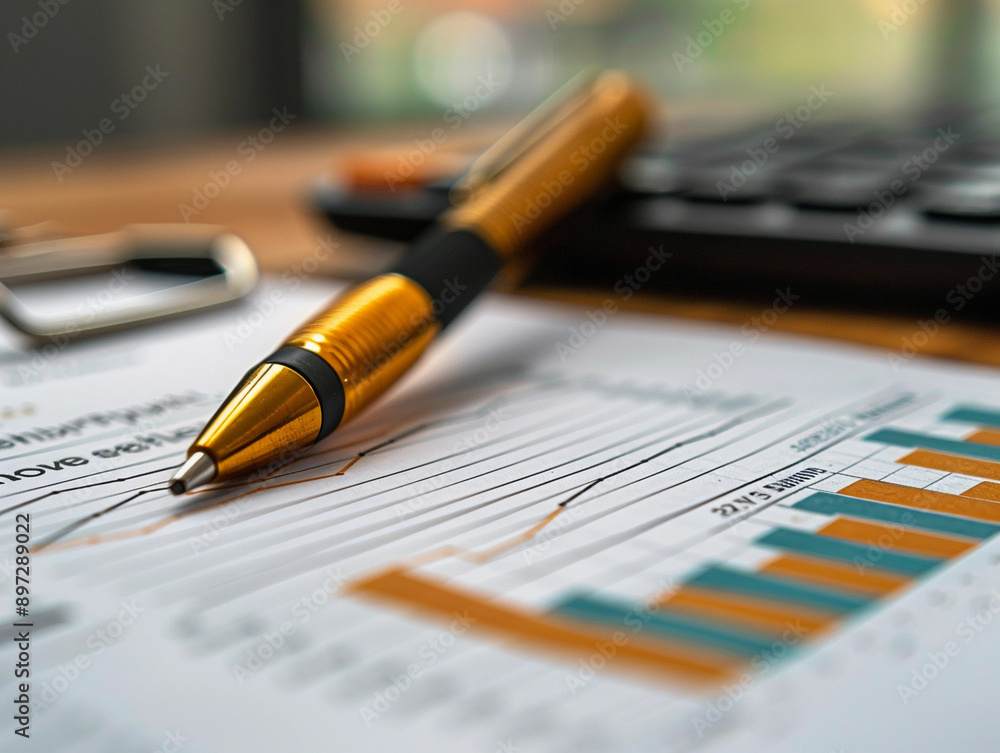 Fototapeta premium Gold Pen Resting on Financial Report With Bar Graph