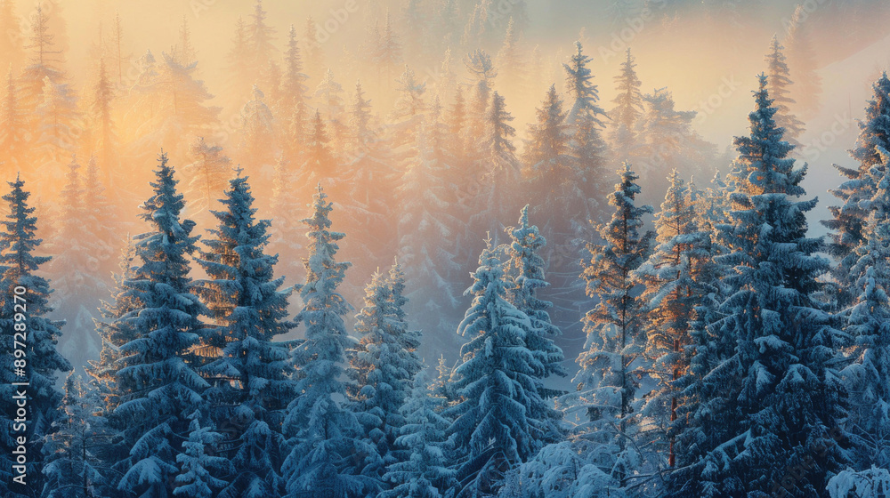 Obraz premium Snow-capped pine trees illuminated by the first light of dawn.