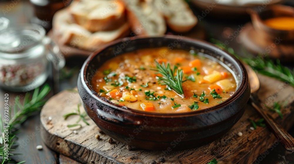 A hot meal of soup and bread on a rustic wooden table A hot meal of soup and bread on a rustic wooden table