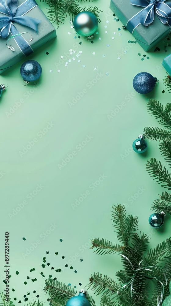 Fototapeta premium Elegant gifts with blue baubles and pine branches