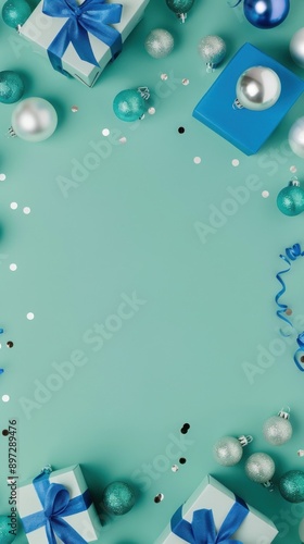 Christmas presents and ornaments on turquoise surface.