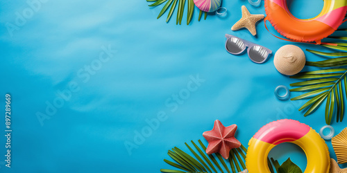 Summery colorful poolside scene with sunglasses, floats, starfish, and tropical leaves against blue backdrop  photo