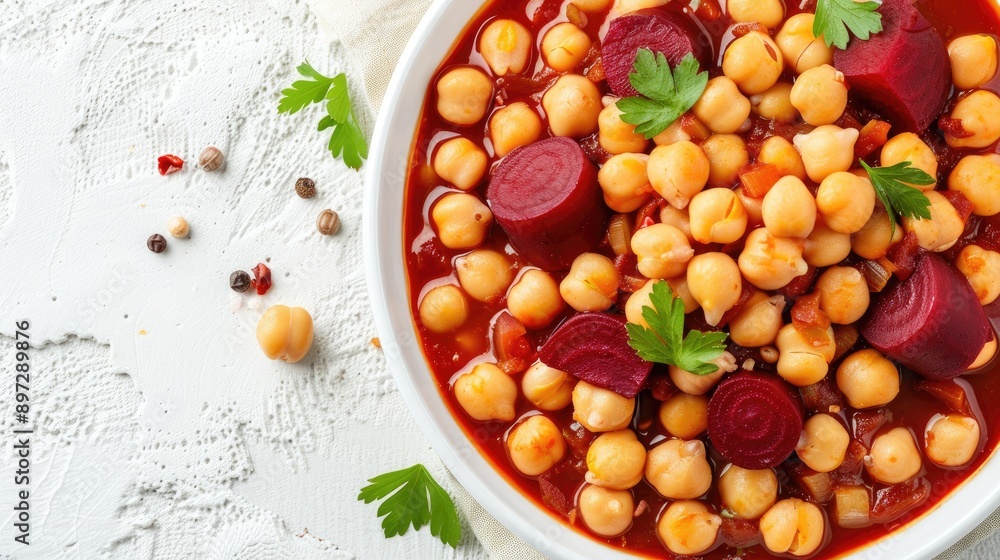 A white bowl filled with chickpeas and sliced beets rests on a grey surface. A few chickpeas have spilled from the bowl A white bowl filled with chickpeas and sliced beets rests on a grey surface. A few chickpeas have spilled from the bowl