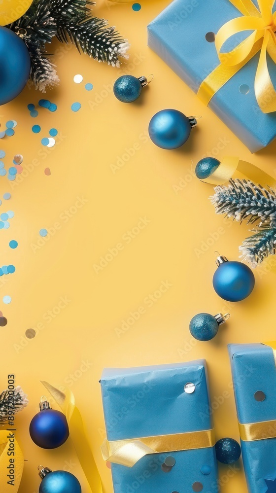 Fototapeta premium Blue and yellow Christmas theme with gifts and ornaments.
