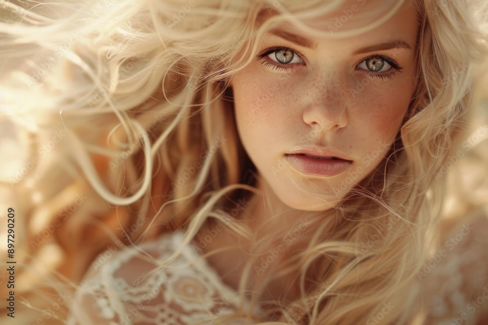 Portrait of a beautiful young woman with long blonde hair and freckles Portrait of a beautiful young woman with long blonde hair and freckles
