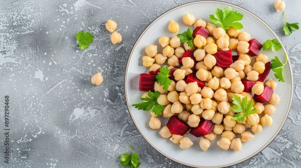 A bowl of chickpea stew with beetroot and parsley, served with a side of bread A bowl of chickpea stew with beetroot and parsley, served with a side of bread