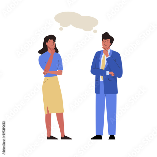 Man and woman standing in pensive pose and thinking. Business people meet and talk. Concept of problem solving, search of new idea