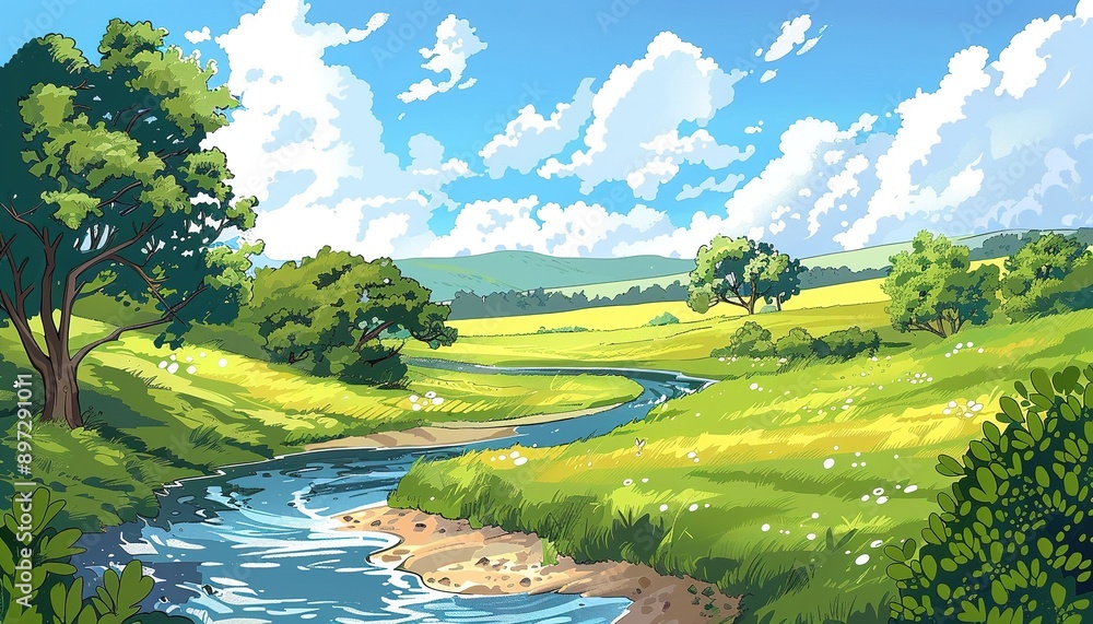 Obraz premium peaceful countryside scene with a river running through it, anime cartoon style