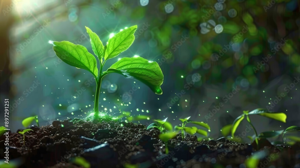 Close-up of a vibrant young plant in soil, illuminated by sunlight with water droplets sparkling around. Close-up of a vibrant young plant in soil, illuminated by sunlight with water droplets sparkling around.