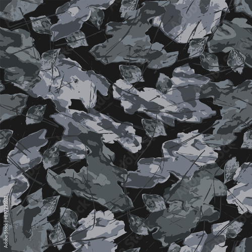 Seamless gray camouflage pattern with forest litter, nature elements. Dry pine needles, bark pieces. Wild nature. Spotty background for apparel, fabric, textile, sport goods.