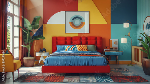 Wallpaper Mural Lively bedroom featuring a bold red bed frame and contrasting blue bedding, creating a dynamic and energetic atmosphere. Torontodigital.ca