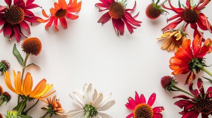Vibrant floral border with bright and colorful flowers arranged on a white background. Perfect for backgrounds, greeting cards, and invitations. This image is ideal for floral-themed designs