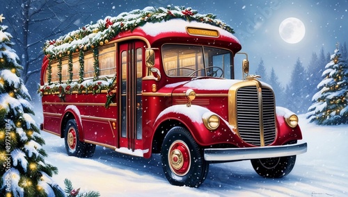 A cheerful and nostalgic winter scene featuring a beautifully restored vintage bus, adorned with festive Christmas lights and decorations