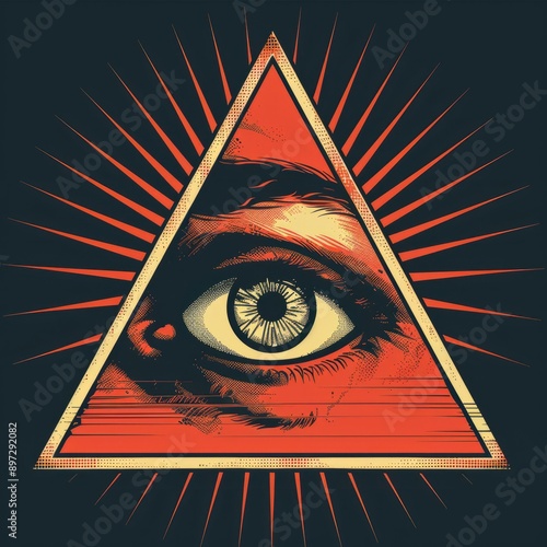 All seeing eye in red triangle with orange rays on dark background